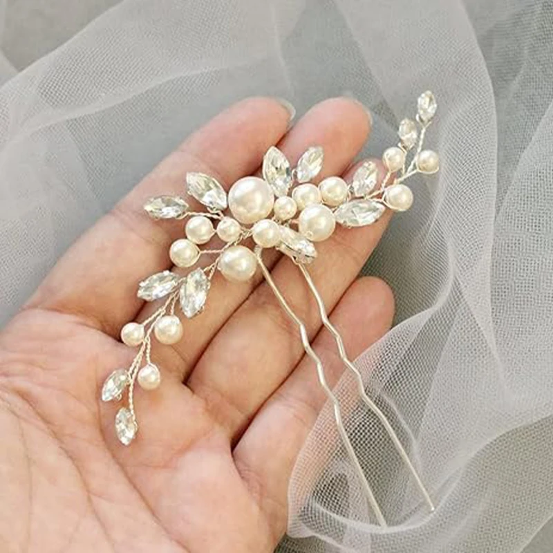 Women's Pearl Wedding Pearl hair clips for brides and bridesmaids Silver rhinestone hair pieces Crystal headpieces
