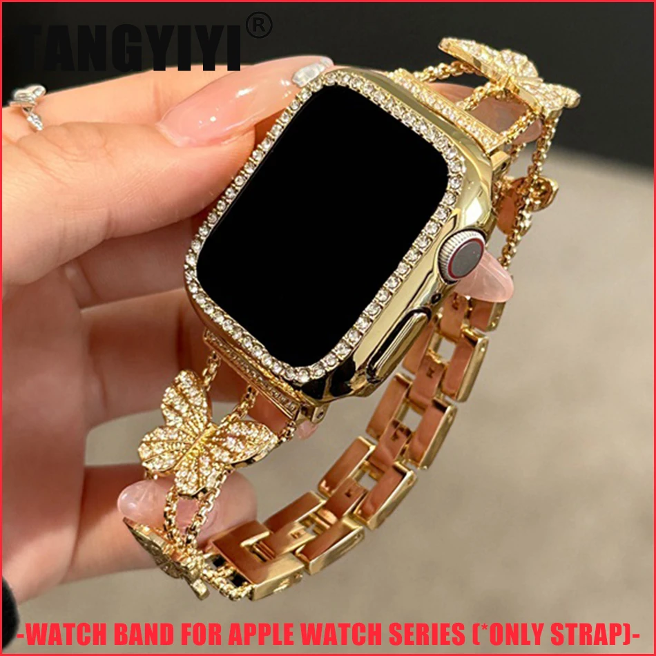 Pulseira de Metal Borboleta para Apple Ver Série se 45 44 42 41 40 38 mm Luxo Glitter Pulseira Banda Iver Ultra 49 mm