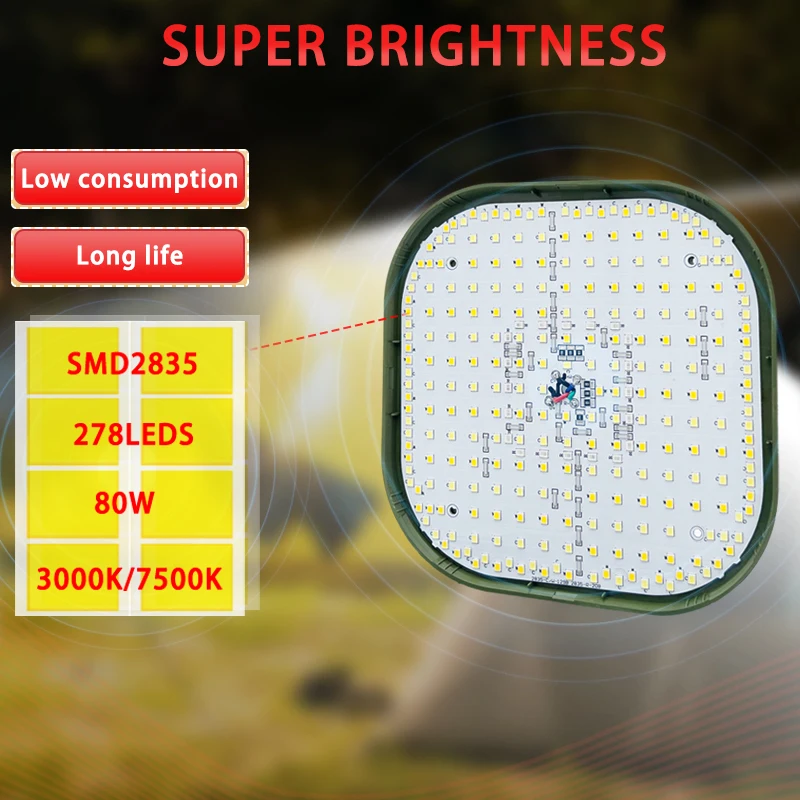 80W Camping Lantern Light Portable Flashlight Power Rechargeable LED Lamp Multifunctional Endurance Work Light