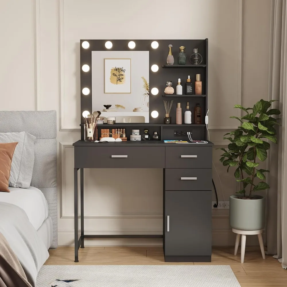 

Lifewit Vanity Desk with Power Outlet, Black Makeup Dressing Table with Mirror and Lights, 3 Lighting Modes Adjustable