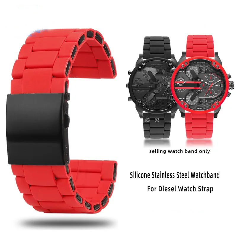 

Waterproof silicone bracelet watch band 26 28mm for Diesel DZ7396 DZ7370 DZ428 rubber and stainless steel watchband mens strap