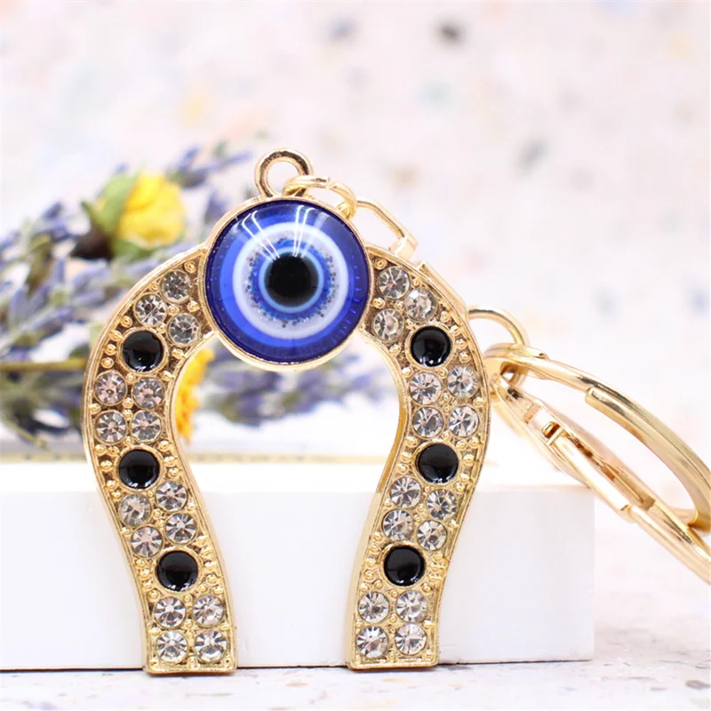 

Turkey Blue Devil Eye U-shape Horseshoe Pendant Key Chain Muslim Amulet Charms Jewelry Car Hanging Décor