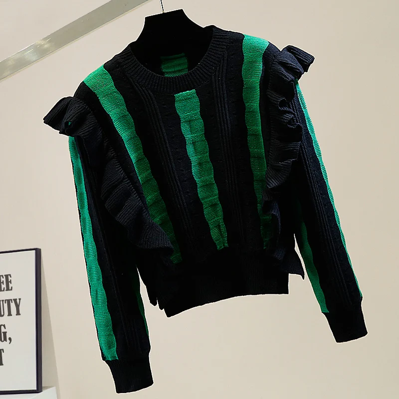 Stylish Ruffles Short Sweater Crop Tops Women 2023 AutumnNew Arrival Long Sleeve O-neck Chic Vintage Streetwear Jumper Knitwear