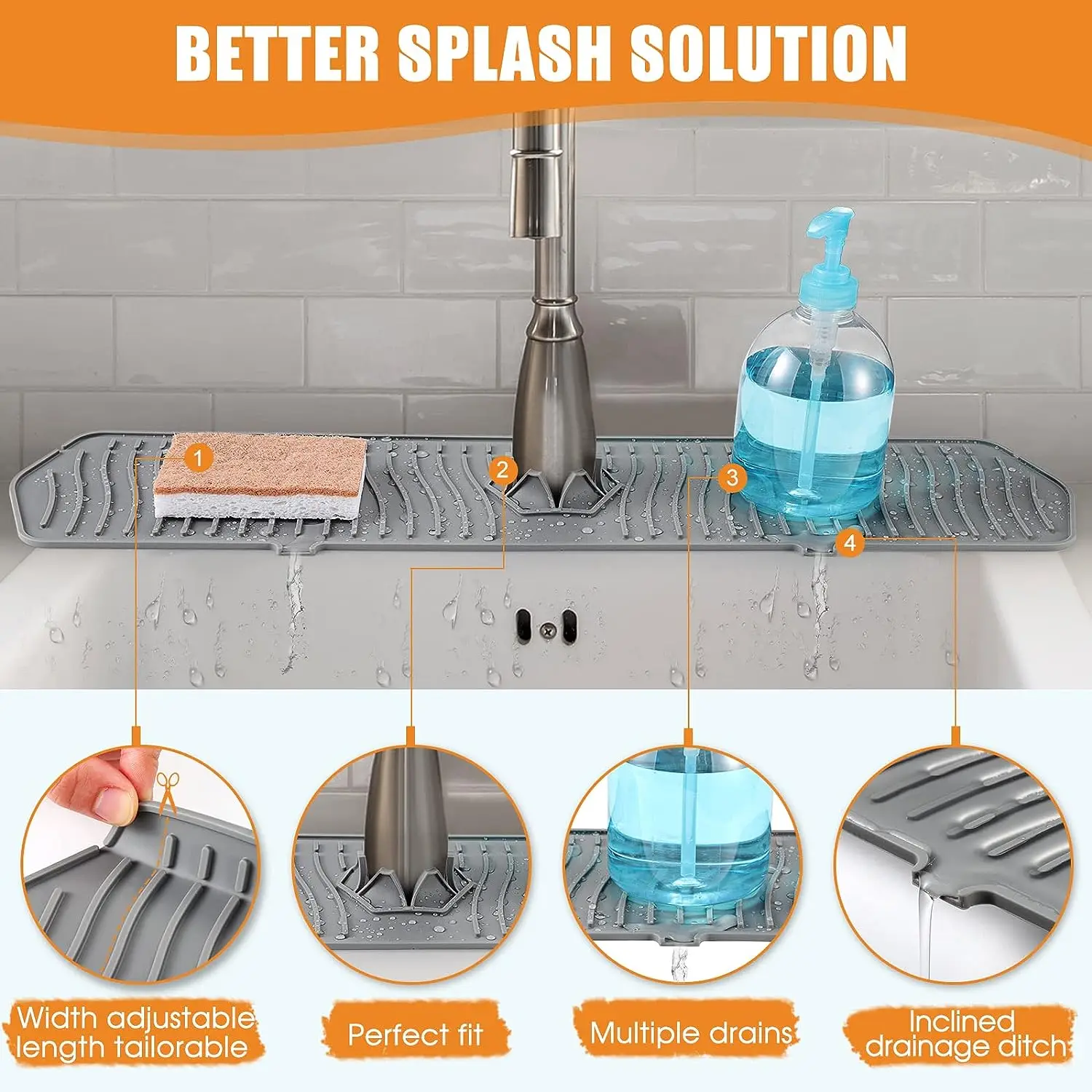 Faucet Mat 30/24 Inch Silicone Sink Splash Guard Large Size Faucet Drain Drying Pad Countertop Protector for Bathroom Kitchen