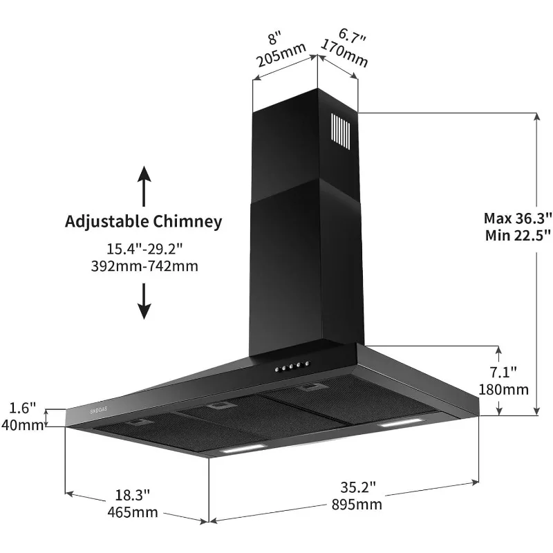 SNDOAS Black Range Hood 36 inches,Stainless Steel Wall Mount Range Hood Black,Kitchen Hood Vent with Ducted/Ductless Convertible 6