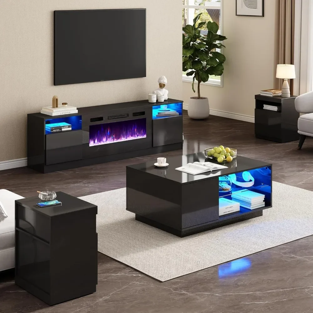 4 Piece Living Room Table Set,70" Fireplace TV Stand, Coffee Table & 2 End Tables,LED Light with Charging Station, Black