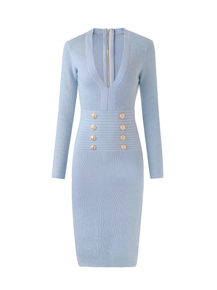 

Elegant V-Neck knitted Aress Blue High Waist Autumn And Winter Wool Slim-Fit Base Dress *2 pieces to start selling