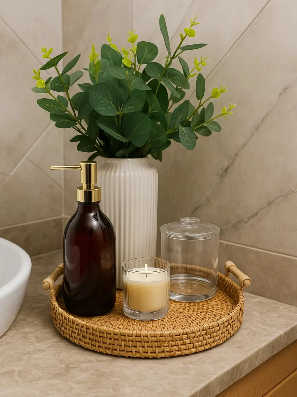 Bathroom Set Tray Jar Cotton Swabs Candle Pump Dispenser Decorative Vase Faux Flowers Elegant D&eacute;cor