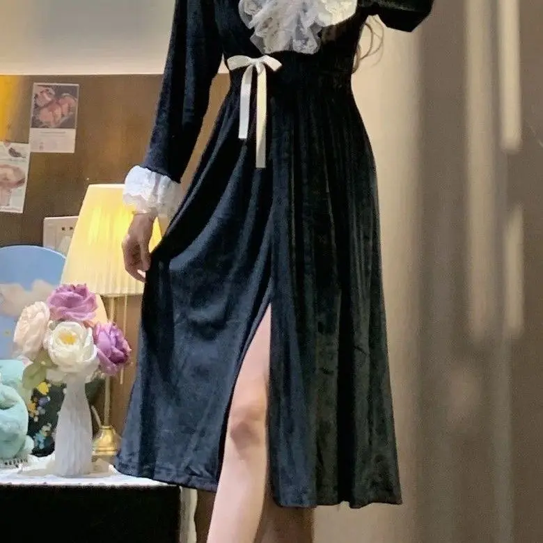 الخريف الشتاء طويلة الأكمام منامة للنساء الكورية نمط لطيف الأميرة نمط الخامس الرقبة الدانتيل منتصف طول ثوب النوم بيجامة فتاة سيدة