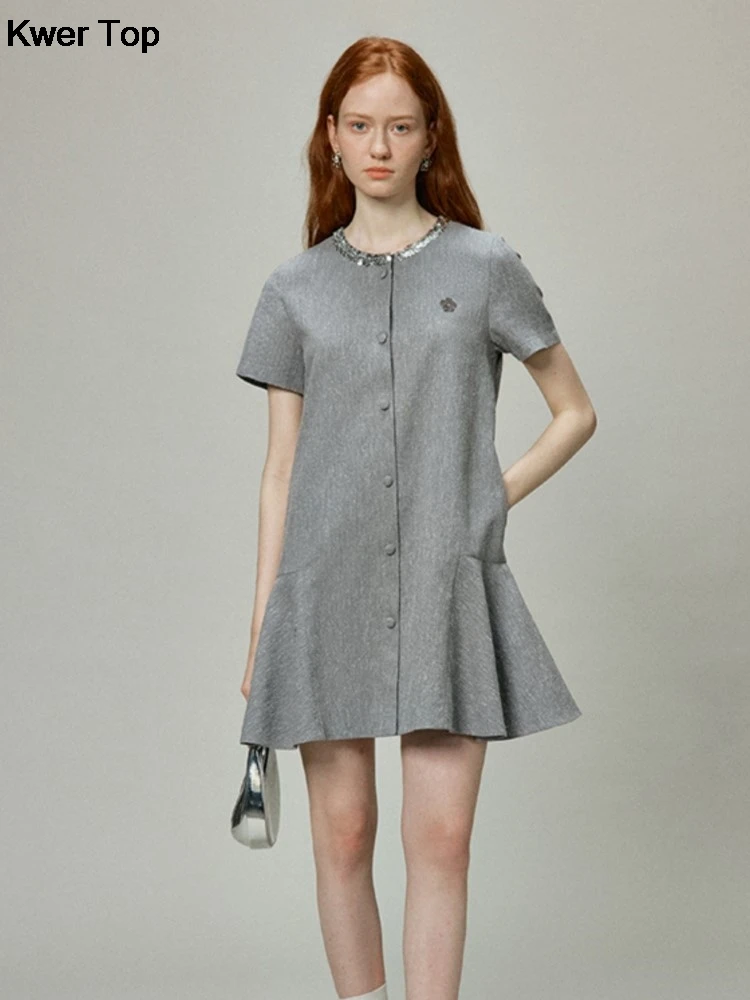 

Корейское короткое серое платье в стиле преппи, женские элегантные свободные мини-платья-трапеции с круглым вырезом и блестками, Y2K, женская одежда высокого качества, 2024