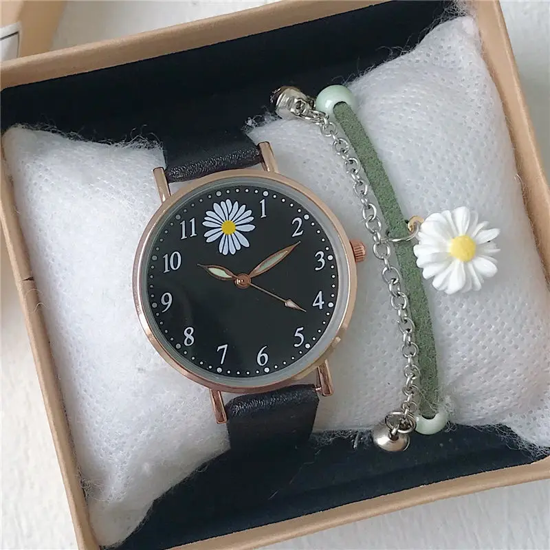 Harajuku Style Daisy Children's Watch Simple Quartz Leather Green Pink Watches for Girls with Bracelet Watch Box Gift Reloj 4