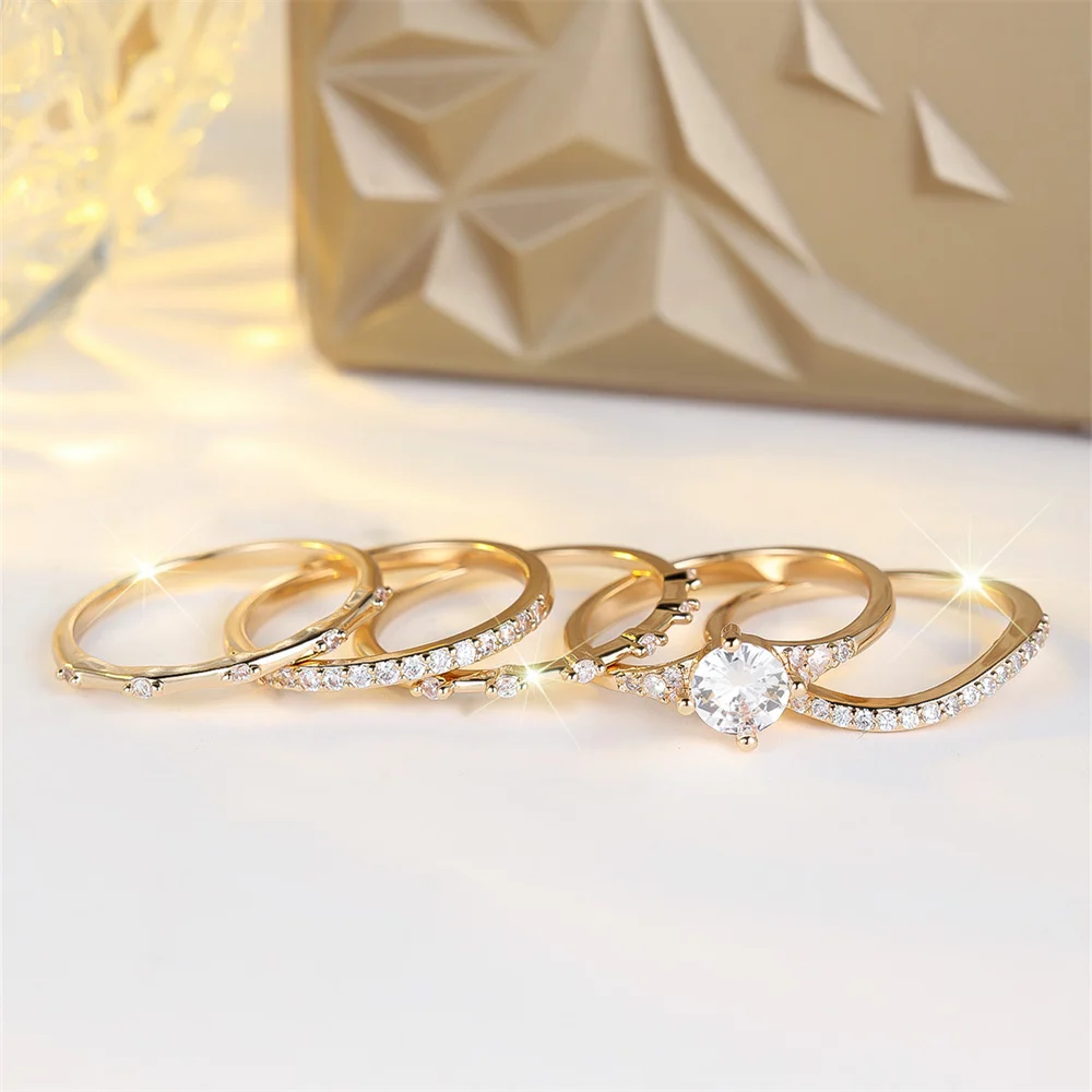 5pcs/Set Luxury Crystal Round Stone Wedding Ring Sets For Women Vintage Gold Color White Zircon Engagement Jewelry Bridal Gifts