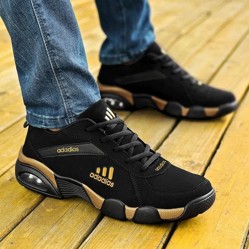 Trendy Men's Running Shoes Casual Sporty Black Cowhide Leather Upgraded PU Sole Comfortable All-Season Low Top Lace-Up Sneakers 4