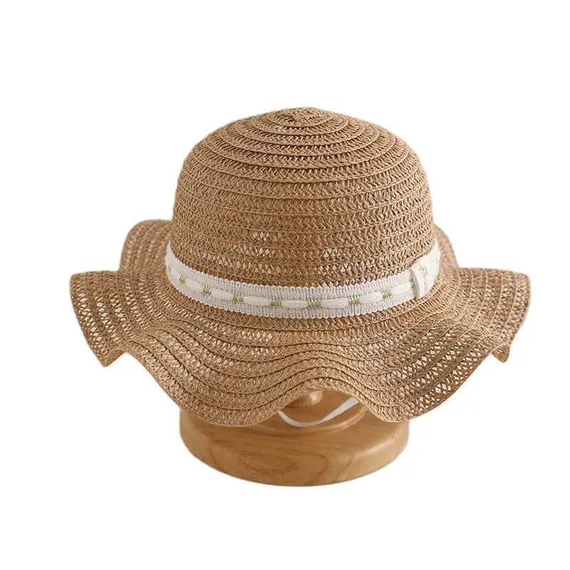 

XEONGKVI Korean Pure Color Parent-Child Falbala Sun Hats Spring Summer Brand Wide Brim Beach Straw Hat For Women Girl