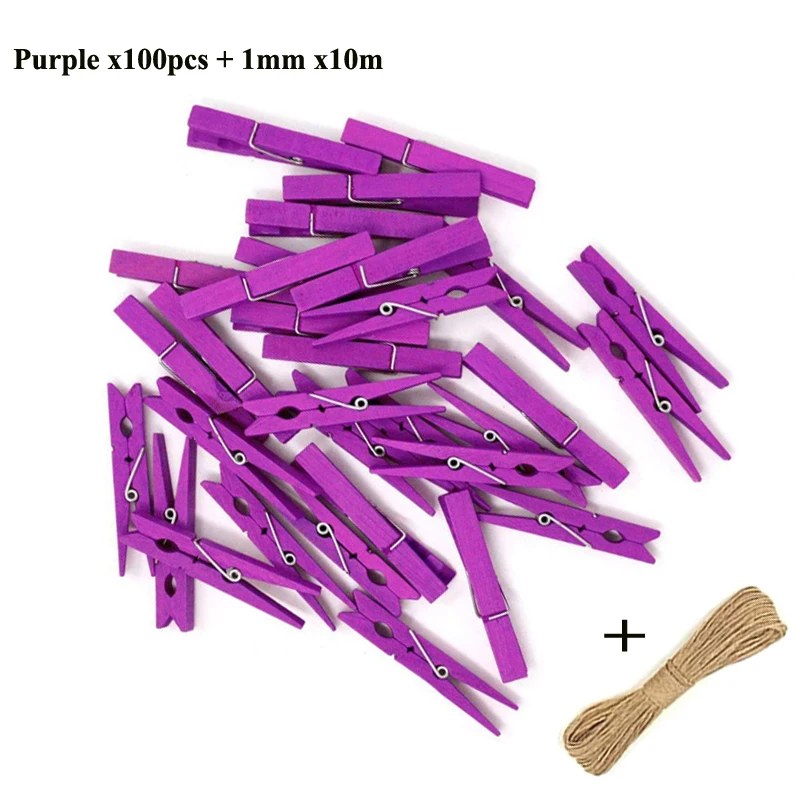 Mini Wood Clothespins with Hemp Rope for Crafts and Photo Displays, Pack of 50