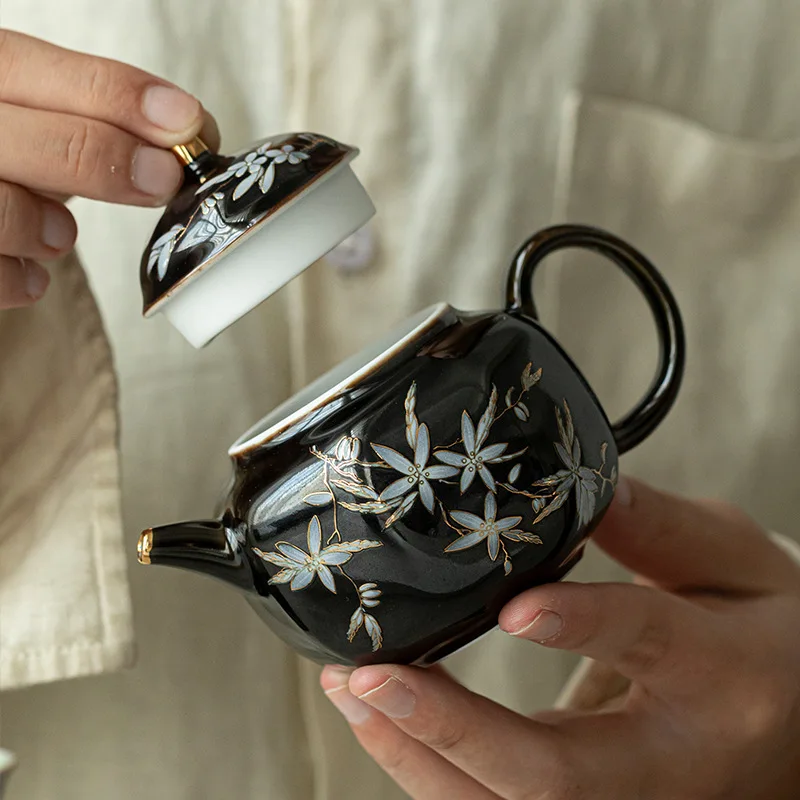 Chinese Retro Tea Pot with Black Gold Glaze Apricot Blossom with Filter Octagonal Tea Set Ceramic Maker