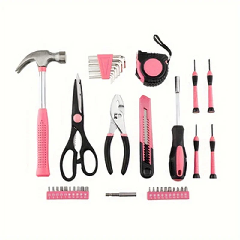 39Pcs Household Repair Tool Kit Multipurpose Pink Home Hand Tool Set with Storage Case Durable Hammer and Screwdriver Set