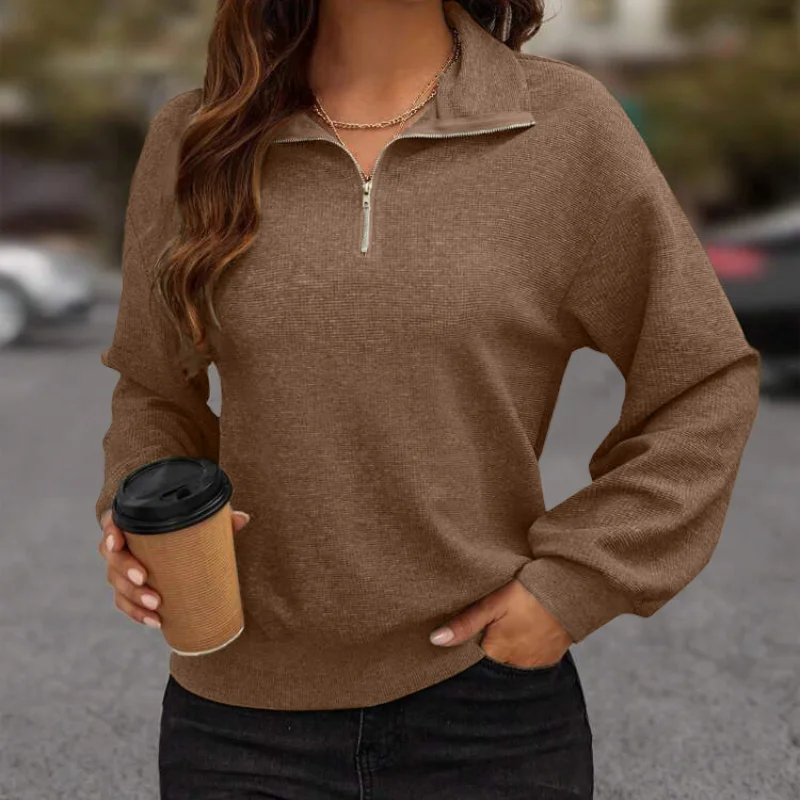 Womens Autumn and Winter Fashion New Pullover Zipper T Shirt Solid Color Splicing Loose Comfortable Versatile Long Sleeves Tops