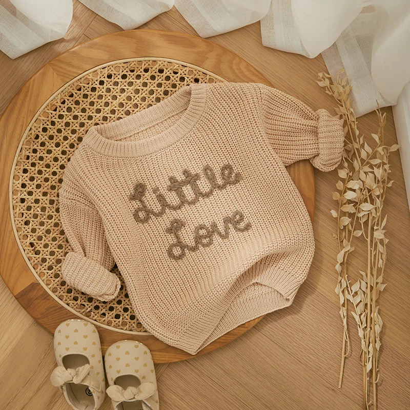 Autumn New Baby Boys Girls Knit Sweater Long Sleeve Crew Neck Letters Winter Warm Crochet Infant Pullover