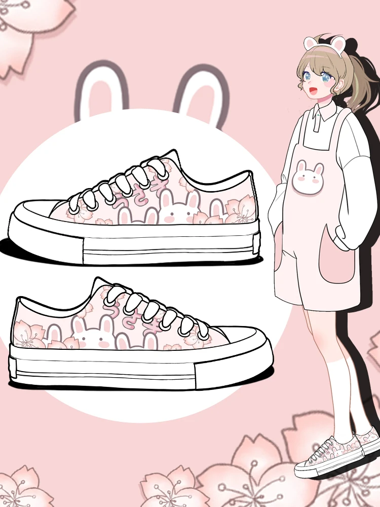 Amy and Michael Lovely Anime Bunny Hand Painted Canvas Shoes Sweet Girls Students Casual Flat Low Top Sneakers Women Trainers