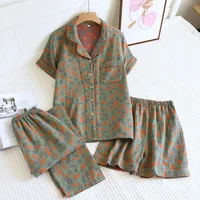 2026 New Spring/Summer Pajamas Three Piece Set Thin 100%Cotton Crepe Ladies Short Sleeves+Shorts+Pants Flip Collar Home Suit Set - Image 4