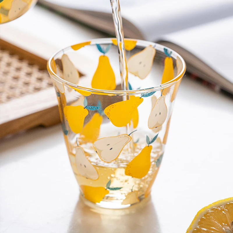 JINYOUJIA-Borosilicate Glass Teapot Set, Fruit Pattern, Heat-Resistant Tea Pot, Water Cups, Office Home Juice Cold Kettle, 1.6L