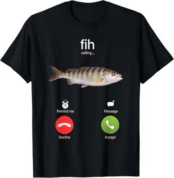 White Black Short-Sleeve T-Shirt Funny Fish Calling Print “fih calling...” Text Casual T-Shirt 1