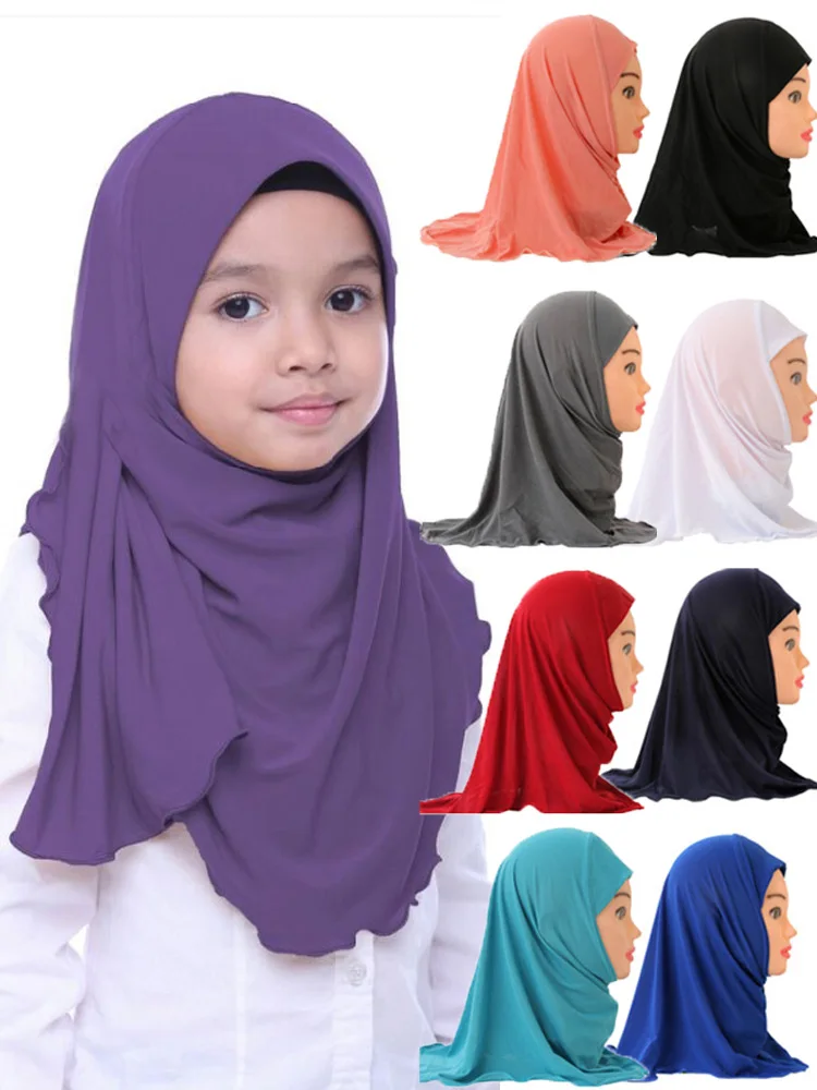 50cm beautiful small girl inner hijab scarf with flower net fit 2 7 years old muslim kids pull on islamic scarf shawls headwrap Muslim Girls Kids Hijab Islamic Scarf Shawls No Decoration Soft and Stretch Material for 2 to 7 years old Girls Wholesale 50cm