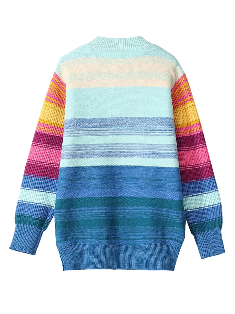 Oversized Sweater Women 2025 Fashion Rainbow Striped Embroidered