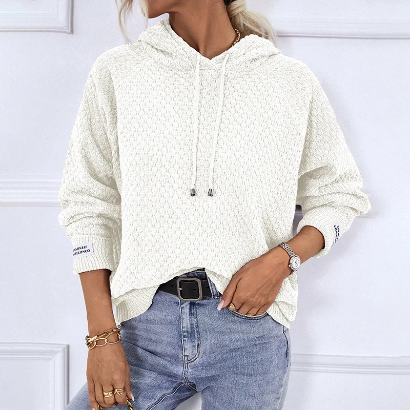 

Women Long Sleeves Knitted Hollow Out Sweater Outstreet Wear New Fashion Loose Pullover Knitwear With Drawstring Hooded Hat