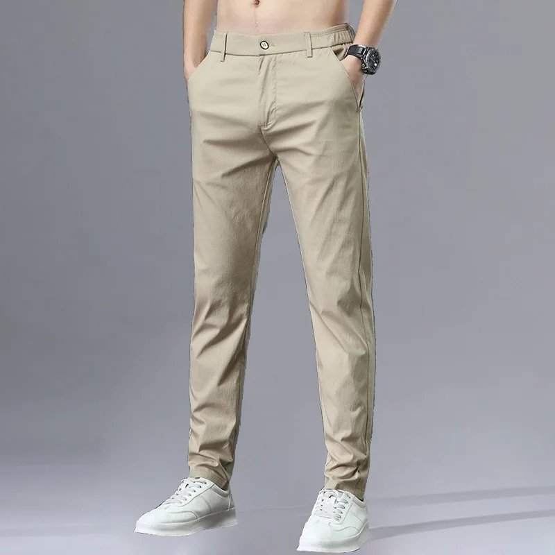 Spring and Autumn Men's Elastic Elastic Button Zipper Straight Solid Color Long Slim Fashion Elegant Casual Commuter Pants
