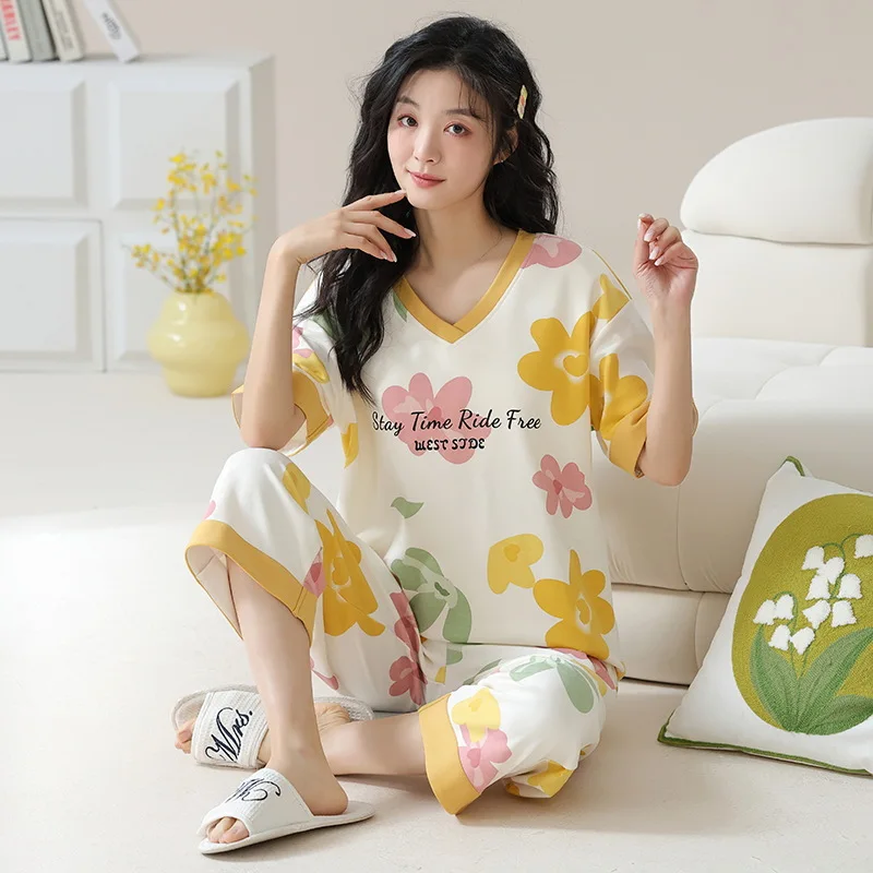 Summer Women's 100% Pure Cotton Pajamas Set Thin Short Sleeve Capris Fashion Casual Home Clothing Set Sweet Cute Sleepwear