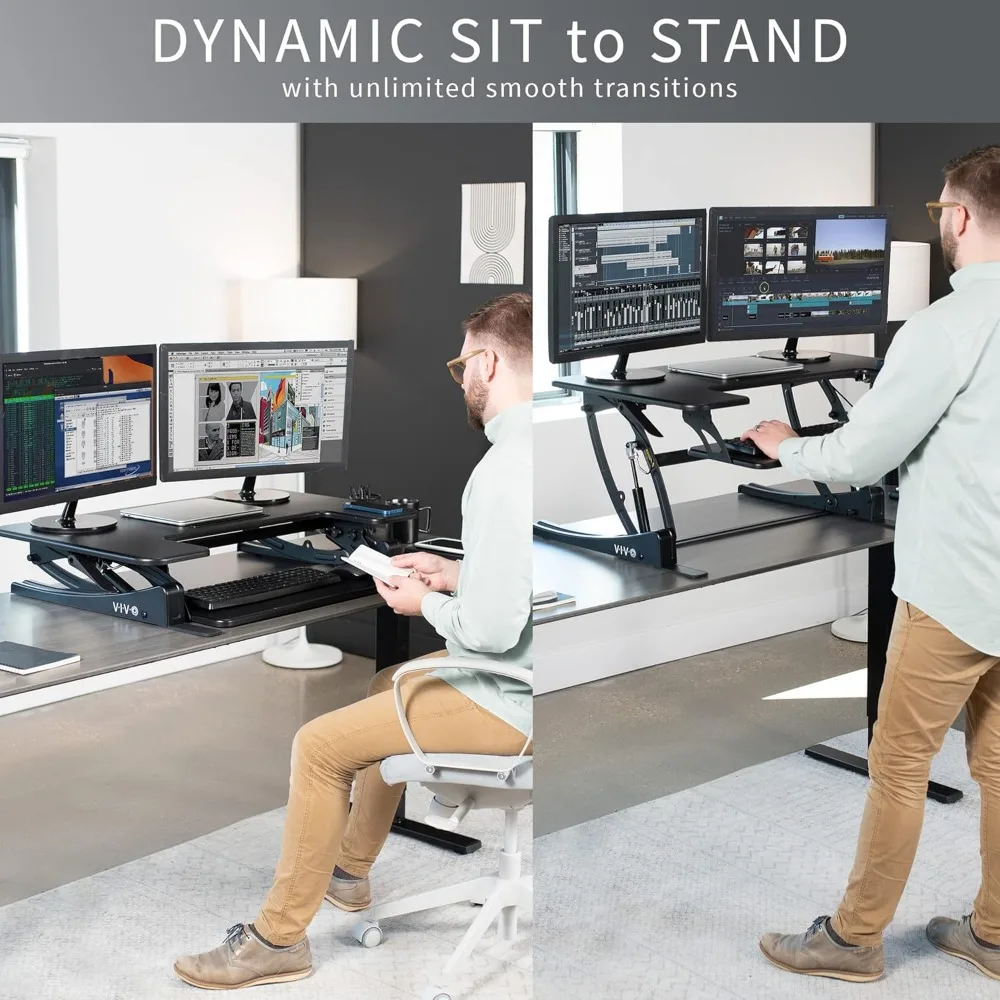 Height Adjustable Stand Up Desk Converter, Quick Sit to Stand Tabletop Dual Monitor Riser Workstation, 4