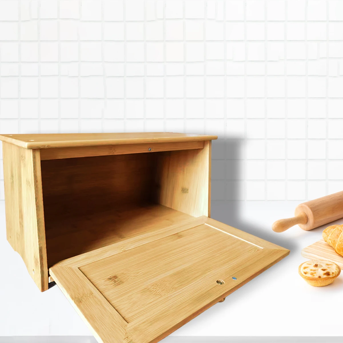 Bamboo Bread Storage Box With Lid,Household Kitchen Counter Large Capacity Food Storage Box,Top Floor Can Hold Sundries 6