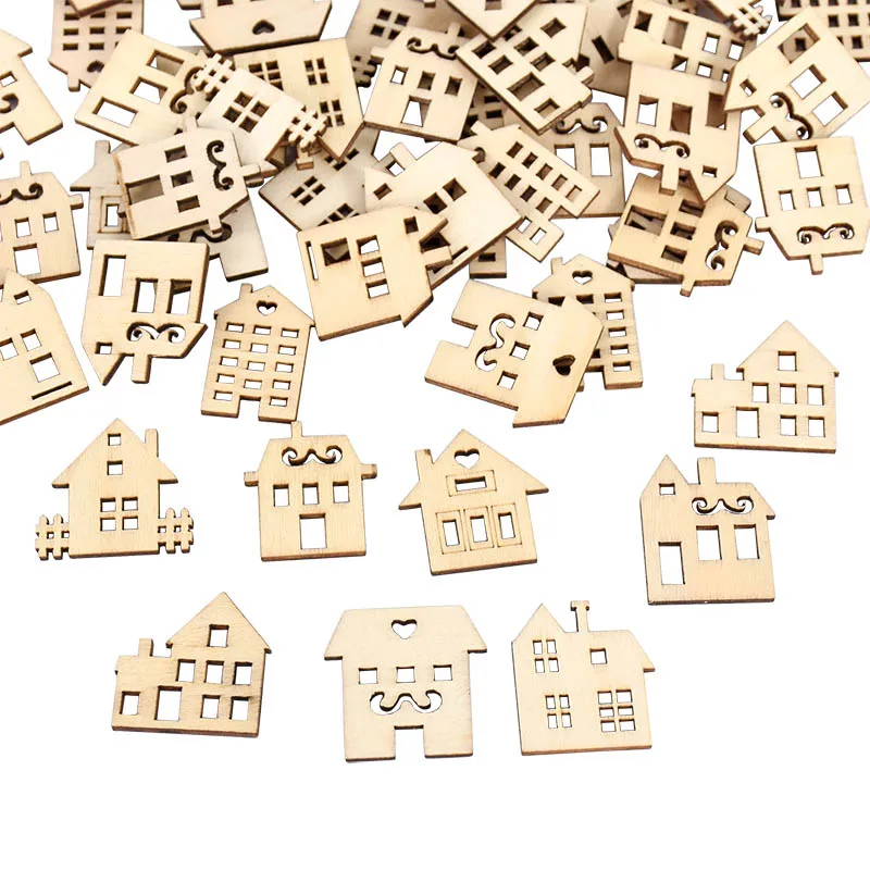 

50Pcs Christmas Natural Wooden Chip Wooden House Shaped Embellishments Hanging Ornaments Unfinished Wood Christmas Crafts Decor