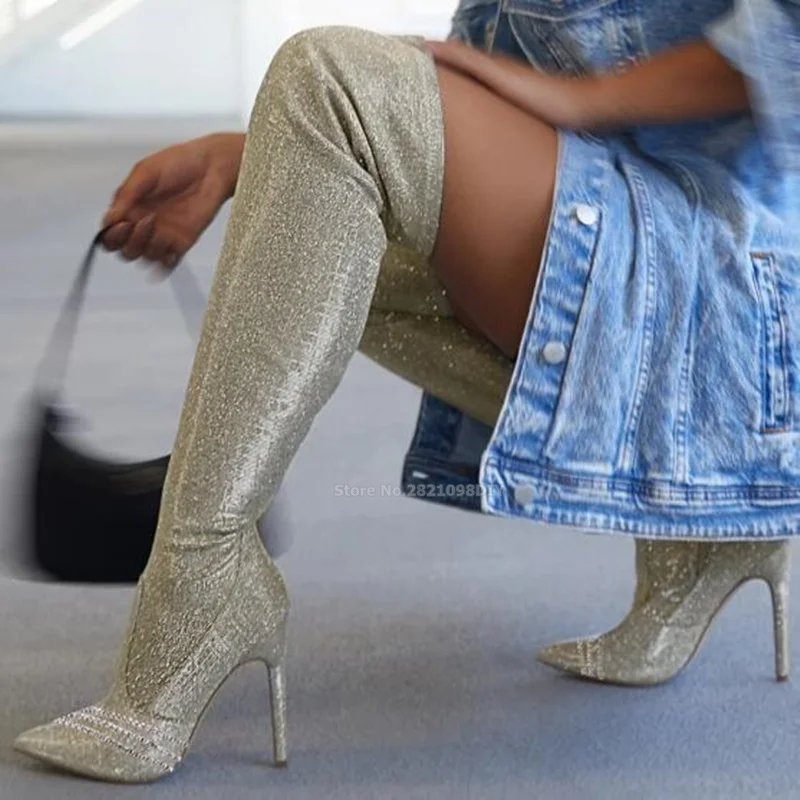 Pull On Ladies Silver Party Stretch Over The Knee Boots Women Stiletto Heeled High Point Heel Long Bota Party Shoes