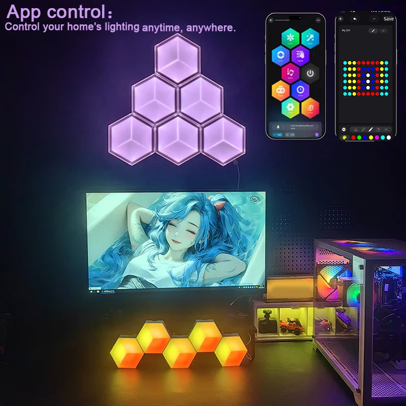 6/10개 LED 벽 장식 조명 DIY 조명 퀀텀 램프 효과 헥사 조명 음악 동기화 조명 앱 제어 조명 (e스포츠, 영화용)