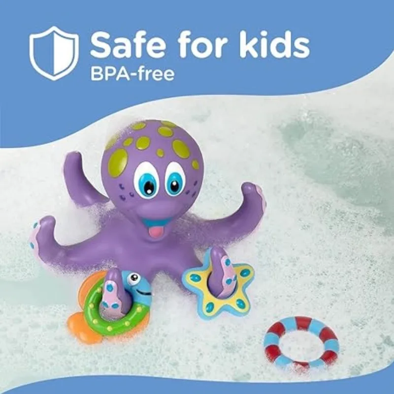 Juguetes de baño de pulpo púrpura flotante para niños pequeños con 3 anillos de Hoopla, juguete de baño interactivo para baño, piscina, bañera