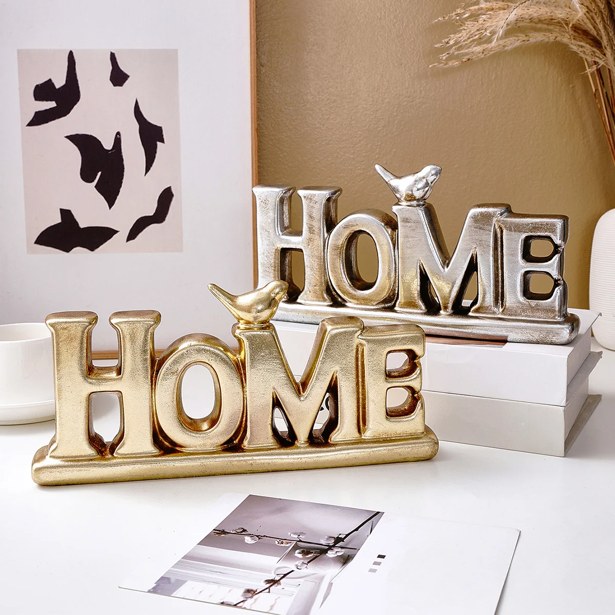 1PC, European-style retro gold and silver foil HOME letter ornaments, made of resin, home decoration letter ornaments