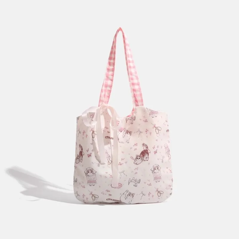 JIAERDI Fairy Core Floral Cat Print Shoulder Bags Y2k Women Harajuku Bow Canvas Bag Female Underarm Bag Purse Bolsos De Mujer