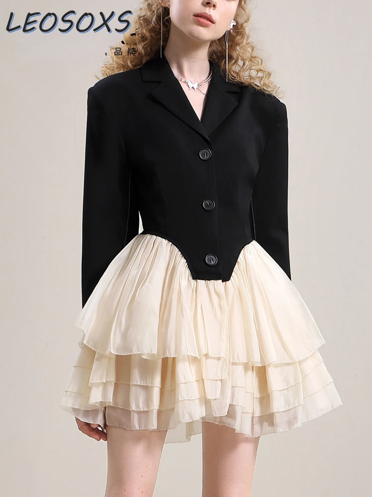 

Black Suit Jacket 2023 Autumn New Design Sense Niche Organza Stitching Blazer Tulle Tutu Dress Women's Clothing Ball Gawn Dress