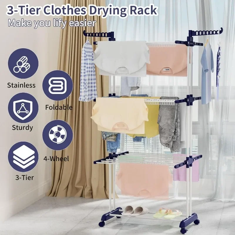Clothes Drying Rack,Folding Clothes Rail Storage Rack, 4 Tier Clothes Horses Rack Stainless Steel Laundry Garment Dryer Stand 3