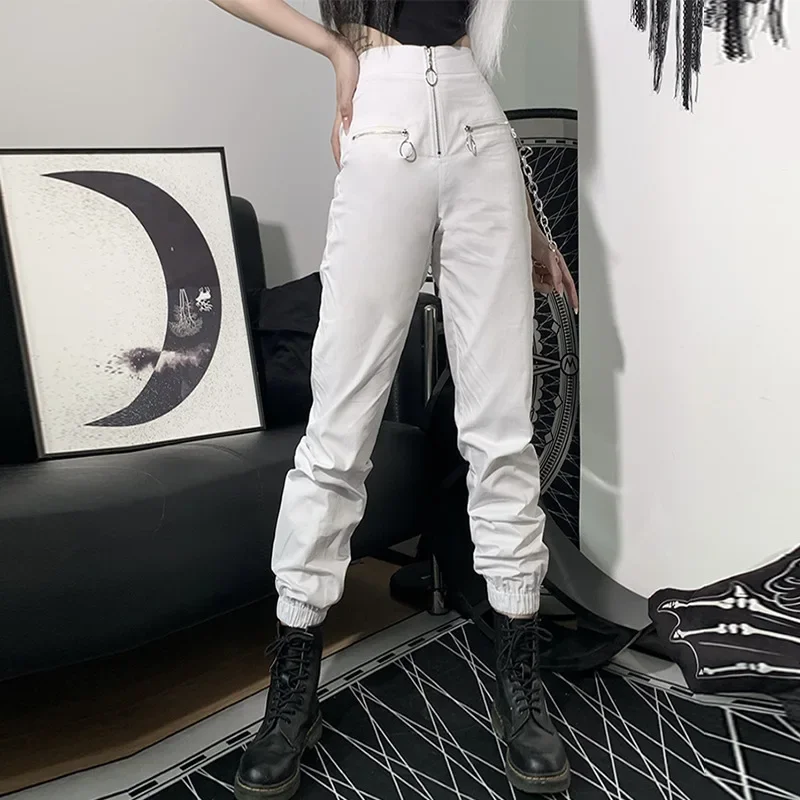Gothic Style Harajuku Zipper Streetwear Women Casual Harem Pants Chain Pure Black Pants Cool Fashion Hip-hop Trousers Trousers