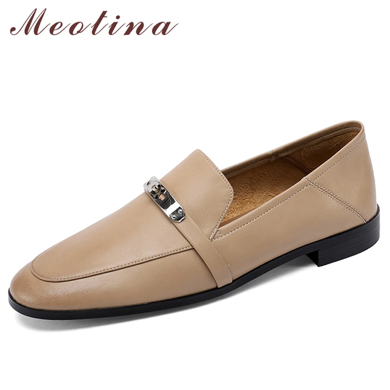 Meotina 여성 로퍼 신발 정품 가죽 플랫 신발 라운드 발가락 Fahsion 숙녀 신발 봄 가을 갈색 살구 암소 가죽 
