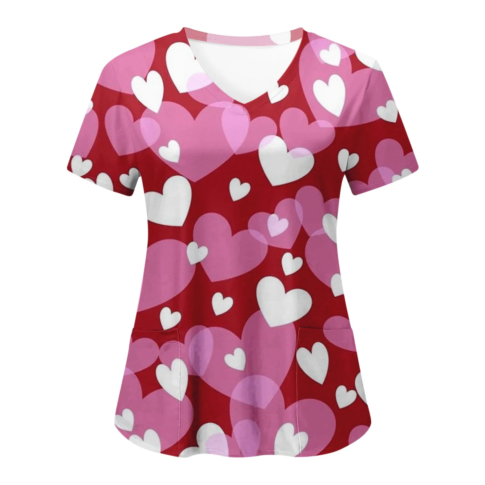 

Женская медицинская Спецодежда на День святого Валентина, растягивающаяся рабочая одежда с коротким рукавом и V-образным вырезом и карманами, Рабочая форма, лабораторная туника, униформа