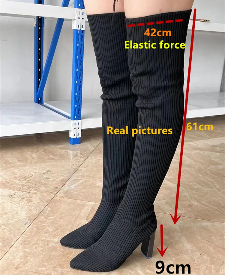 AnmaiRon Stretch Knitting Shaft Skintight Women Over Knee High Boots Block Heels Thigh High Long Booties Sexy Pointy Toe Shoes