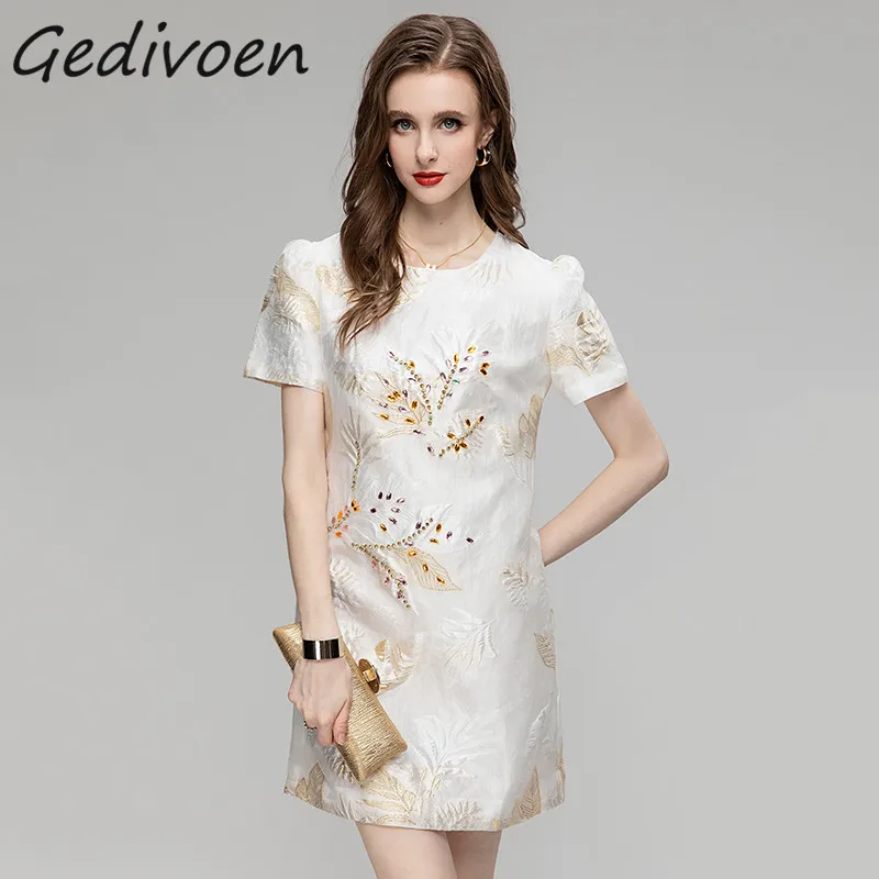 

Gedivoen Summer Fashion Runway Loose Casual Jacquard Dress Women's O-Neck Short Sleeve Beading Diamond Luxury White Mini Dress