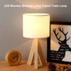 LED Wooden Bedside Lamp Tripod Table Lamp Vintage White Linen Lampshade for Bedroom Living Room E27 Socket(Bulb Not Included) 1