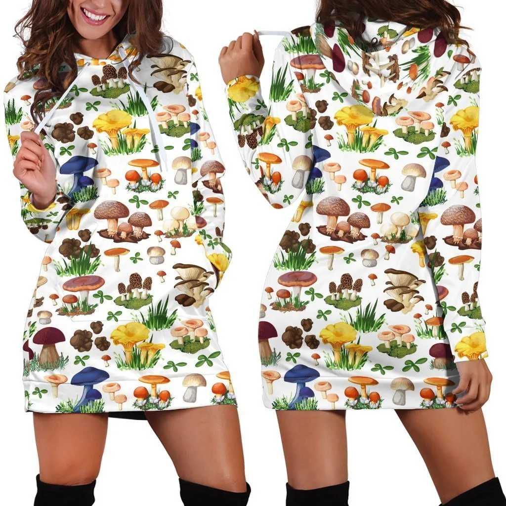 Edible Mushrooms White Hoodie Dress 3D Printed Hoodie Dress Novelty Hoodies Women Casual LongSleeve Hooded Pullover Tracksuit