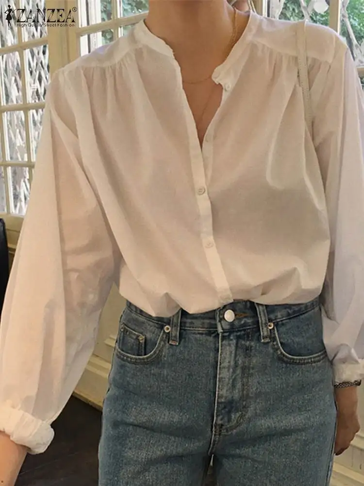 

Женская рубашка ZANZEA 2023 с длинным рукавом, однотонная простая блузка в Корейском стиле, элегантная свободная офисная блузка в складку
